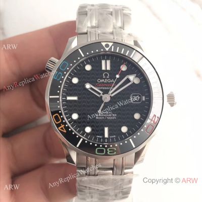 Swiss Omega 50th Seamaster 007 Watch / Stainless Steel Black Wave Dial